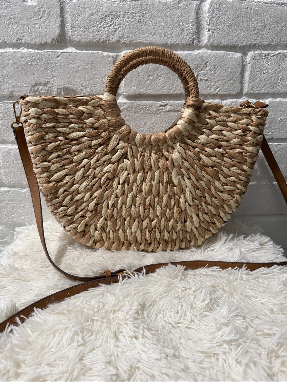Style & Co Woven straw tote with round top handles
